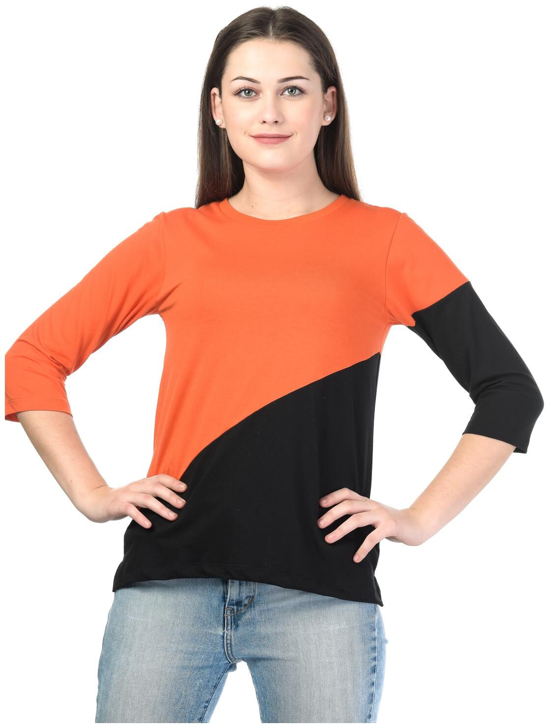 

Kalt Women Orange Regular fit Round neck Cotton Blended T shirt