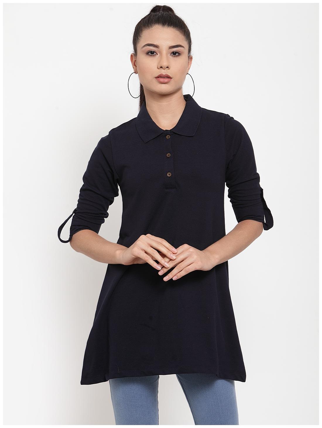 

Kalt Women s 3 4th Sleeves Polo Neck Cotton Blend Tunic (Navy Blue)