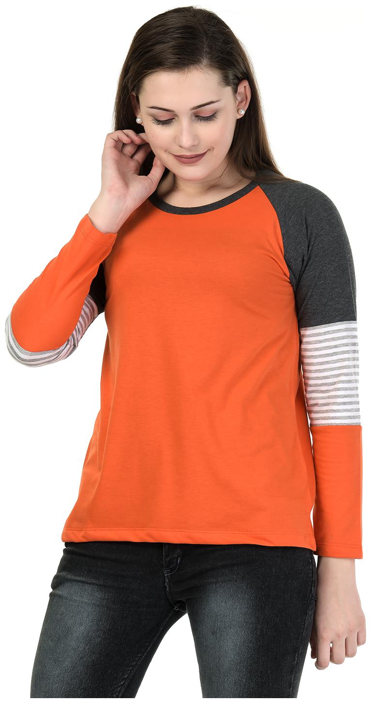 

Kalt Women Orange Regular fit Round neck Cotton Blended T shirt