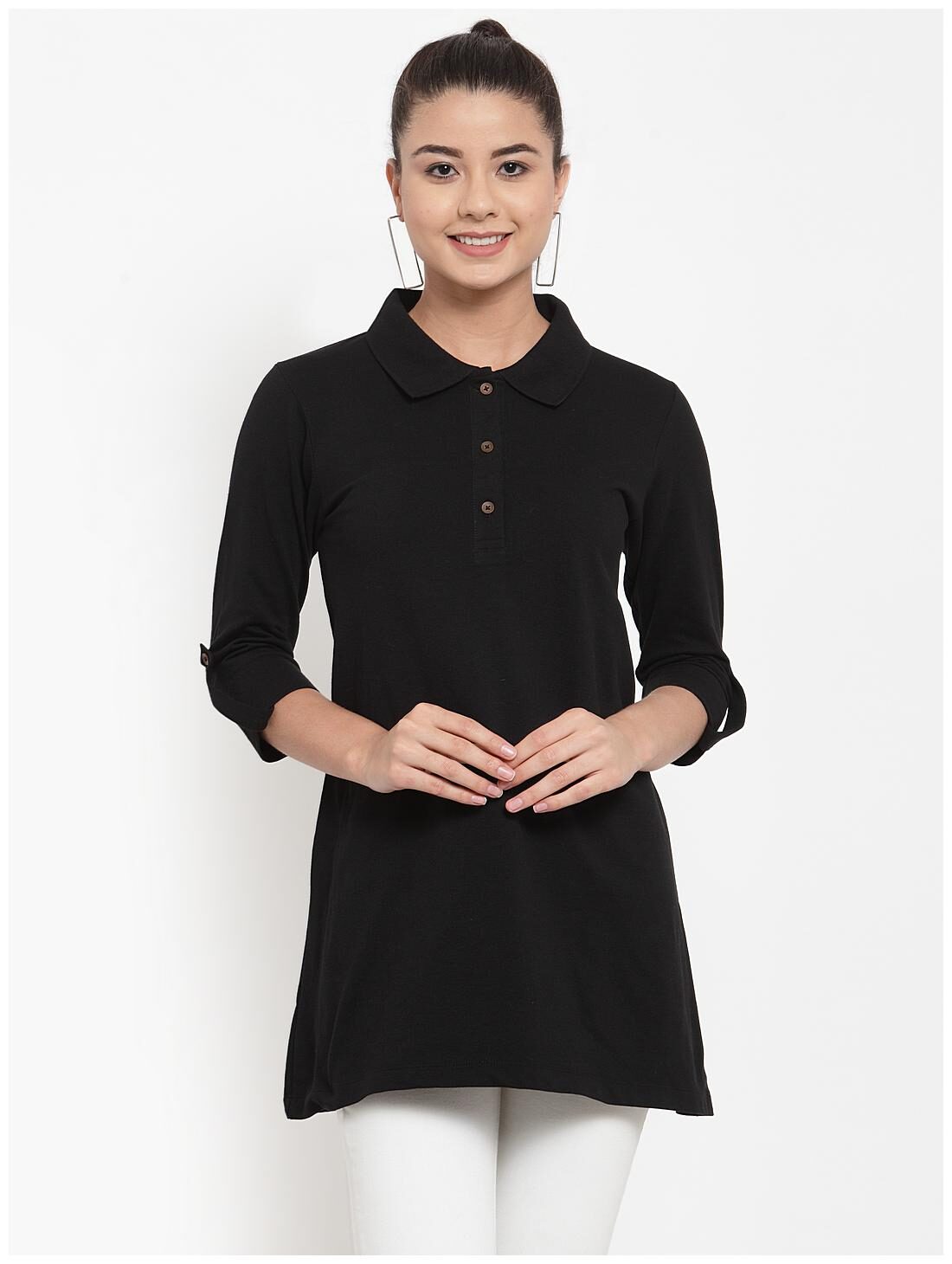 

Kalt Women s 3 4th Sleeves Polo Neck Cotton Blend Tunic (Black)