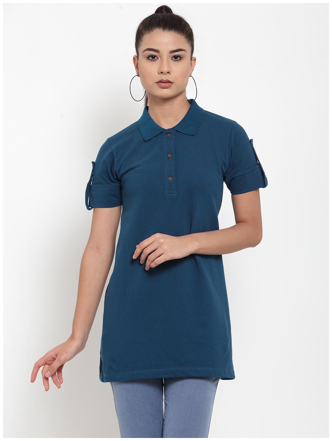 

Kalt Women s Half Sleeves Polo Neck Cotton Blend Tunic Blue