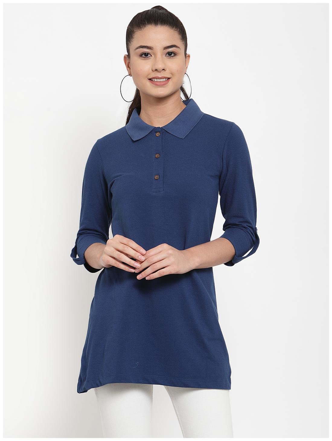 

Kalt Women s 3 4th Sleeves Polo Neck Cotton Blend Tunic (Blue)