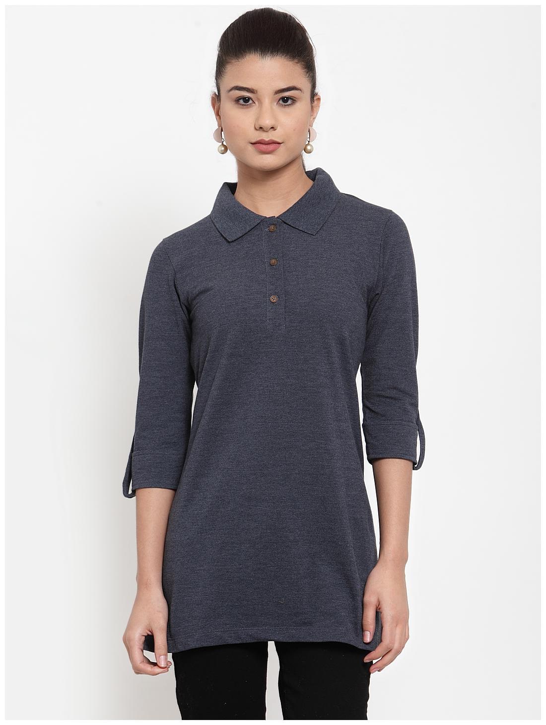 

Kalt Women s 3 4th Sleeves Polo Neck Cotton Blend Tunic (Blue)