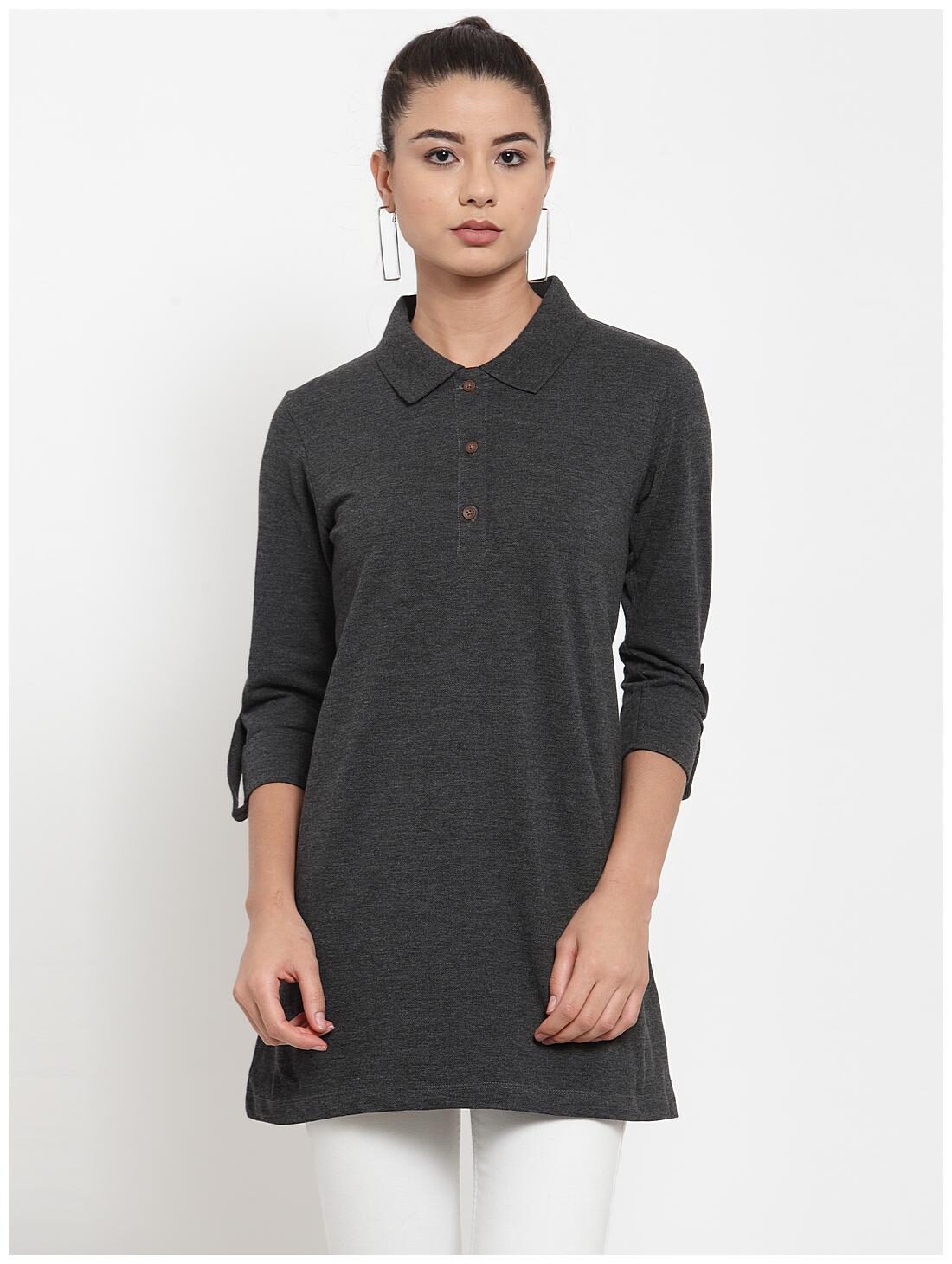 

Kalt Women s 3 4th Sleeves Polo Neck Cotton Blend Tunic (Grey)