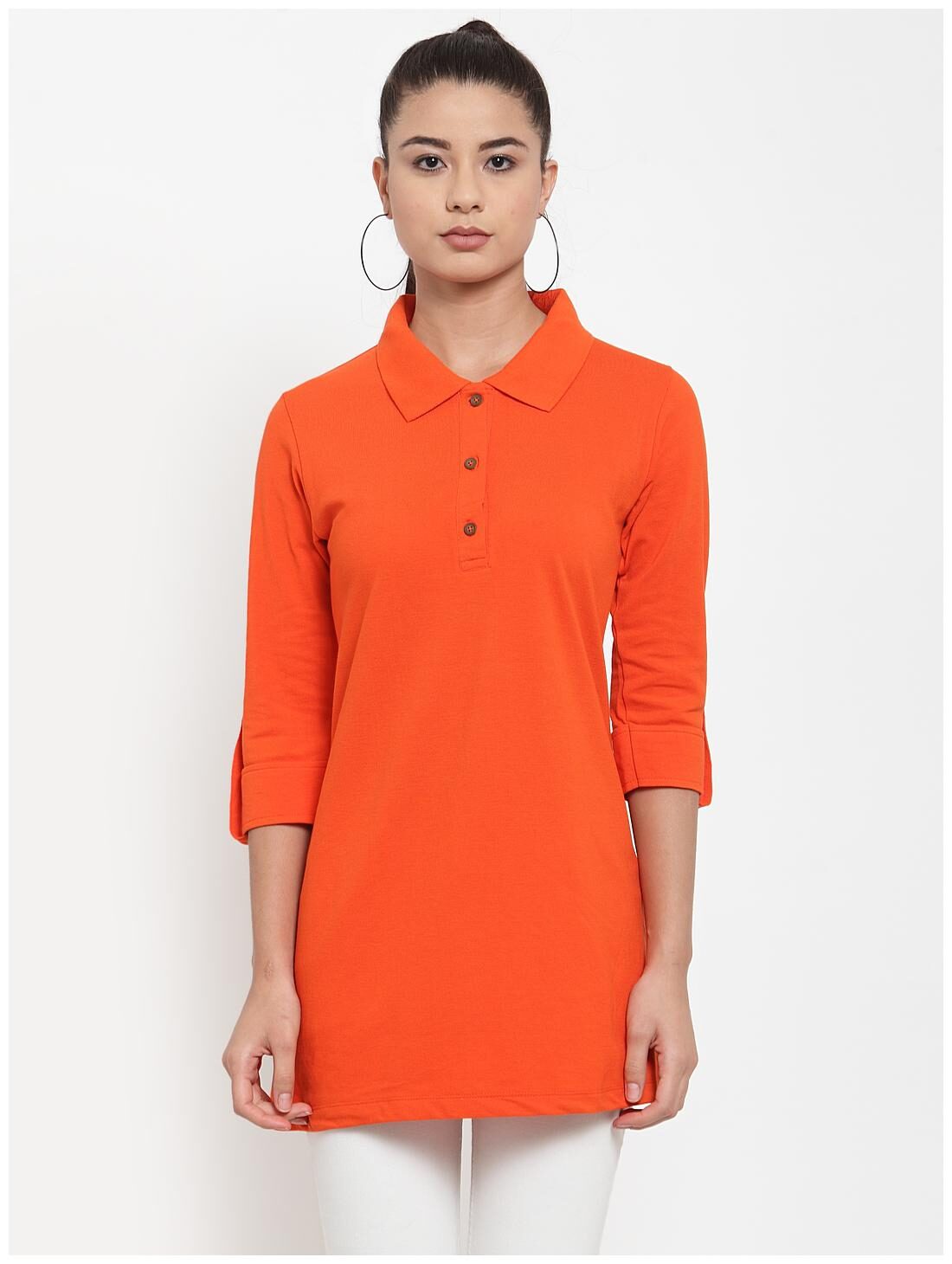 

Kalt Women s 3 4th Sleeves Polo Neck Cotton Blend Tunic (Orange)
