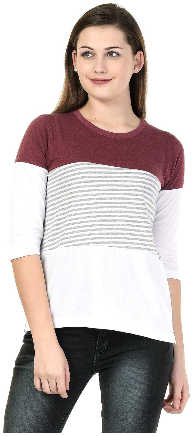 

Kalt Women Maroon Regular fit Round neck Cotton Blended T shirt