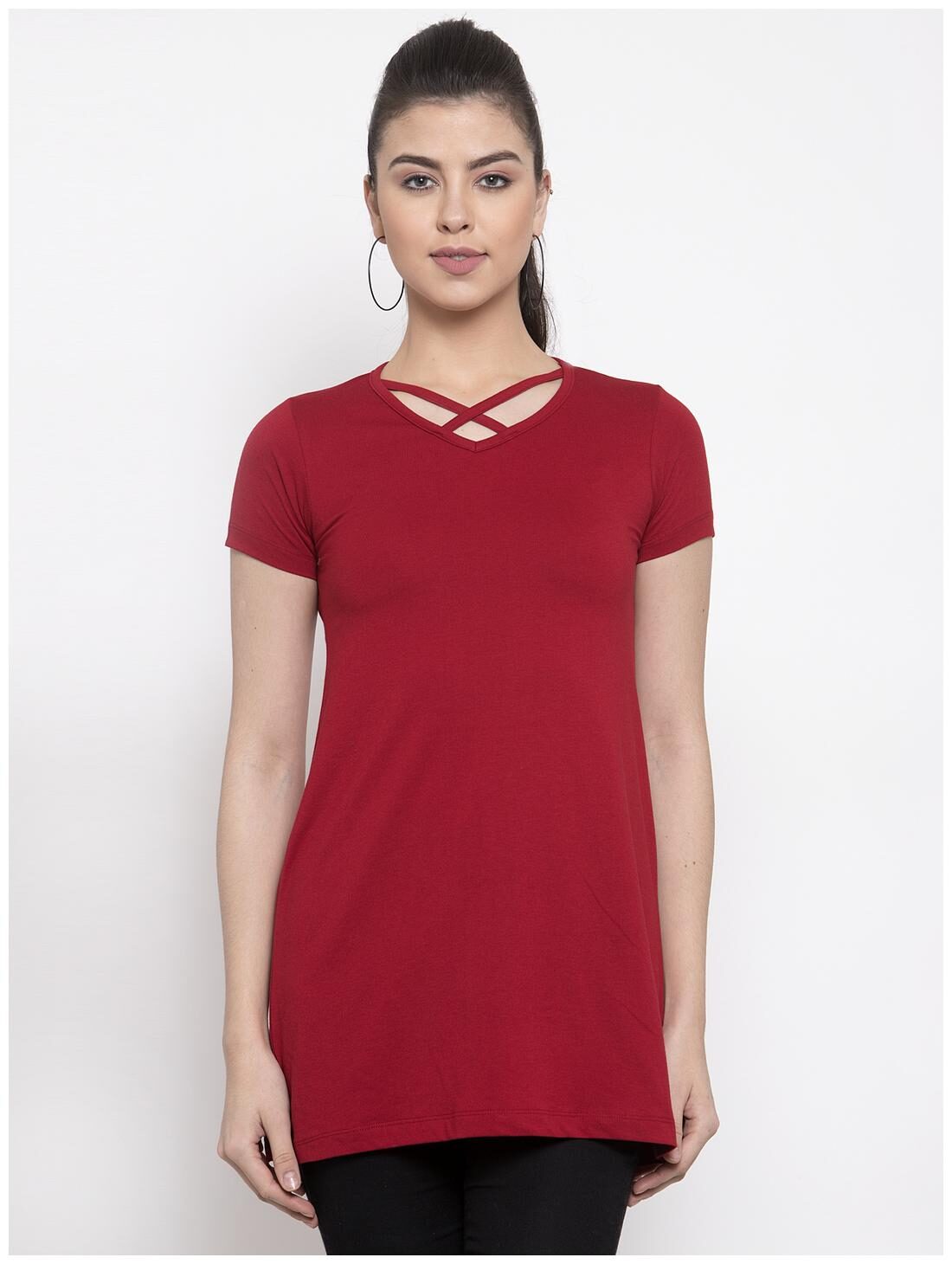 

Kalt Women V-Neck Half Sleeves Cotton Blend Tunic Red
