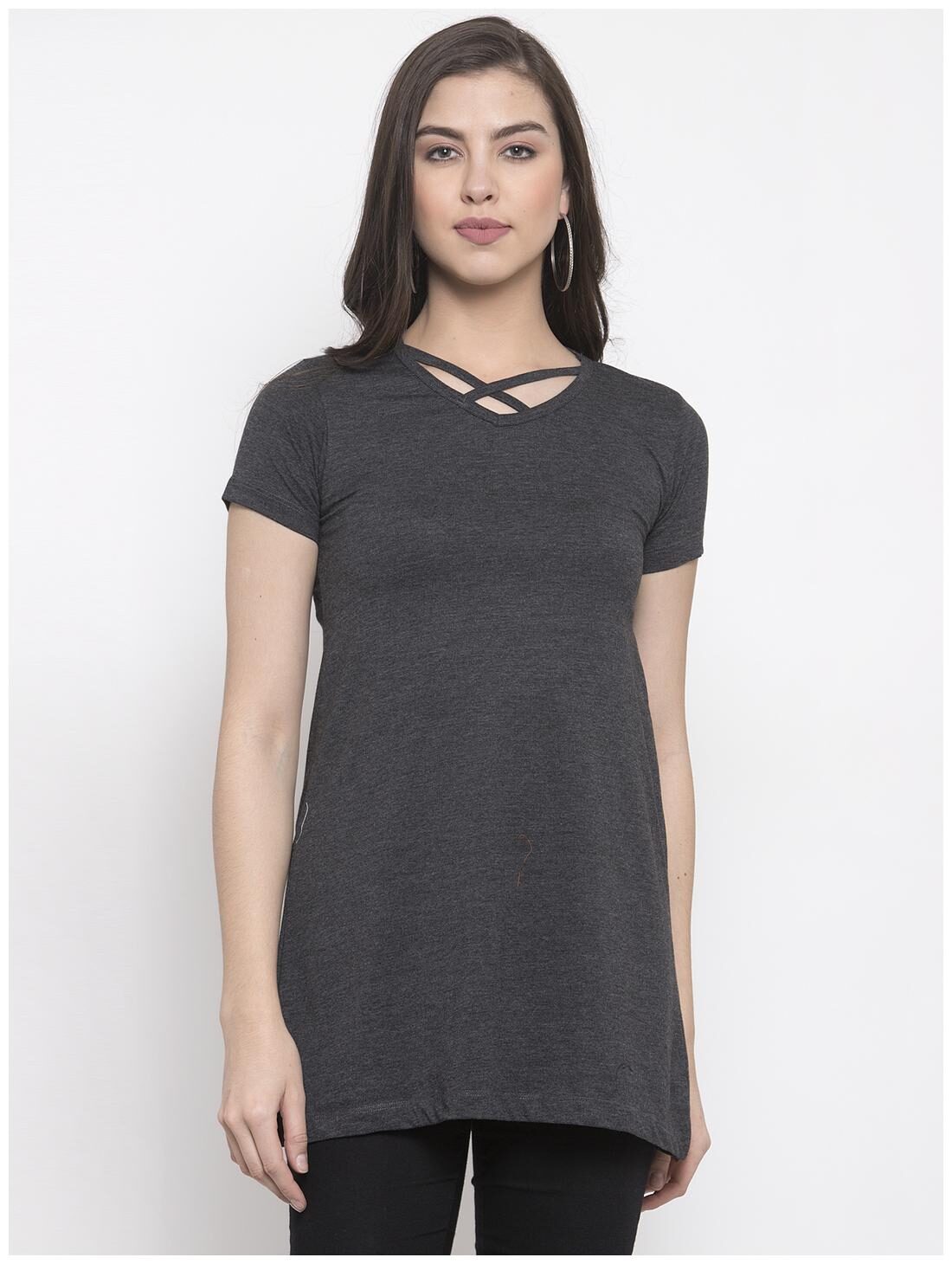

Kalt Women V-Neck Half Sleeves Cotton Blend Tunic Grey