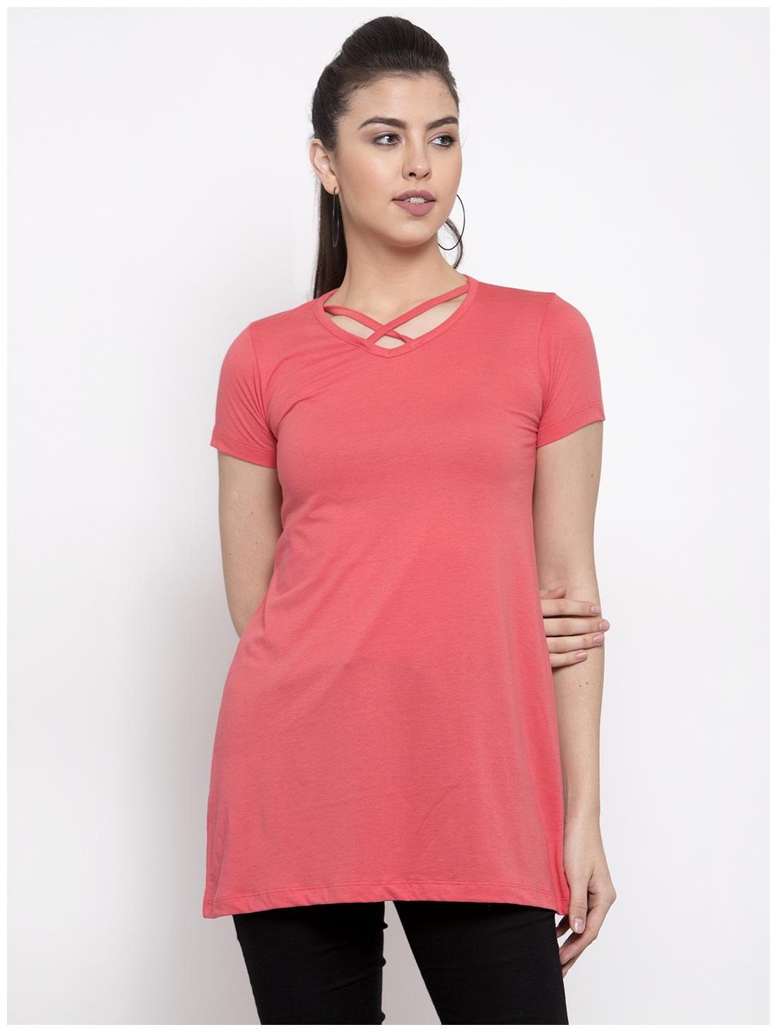 

Kalt Women V-Neck Half Sleeves Cotton Blend Tunic Peach