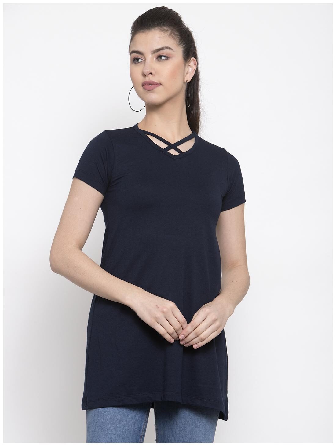 

Kalt Women V-Neck Half Sleeves Cotton Blend Tunic Blue