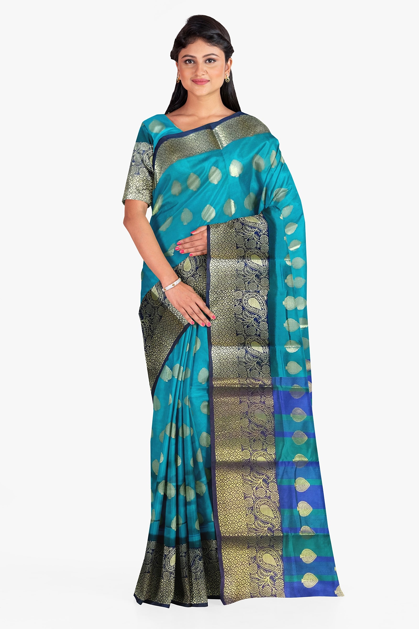 

Kanieshka Blue Silk Saree with Rich Broad Border Attached Blouse