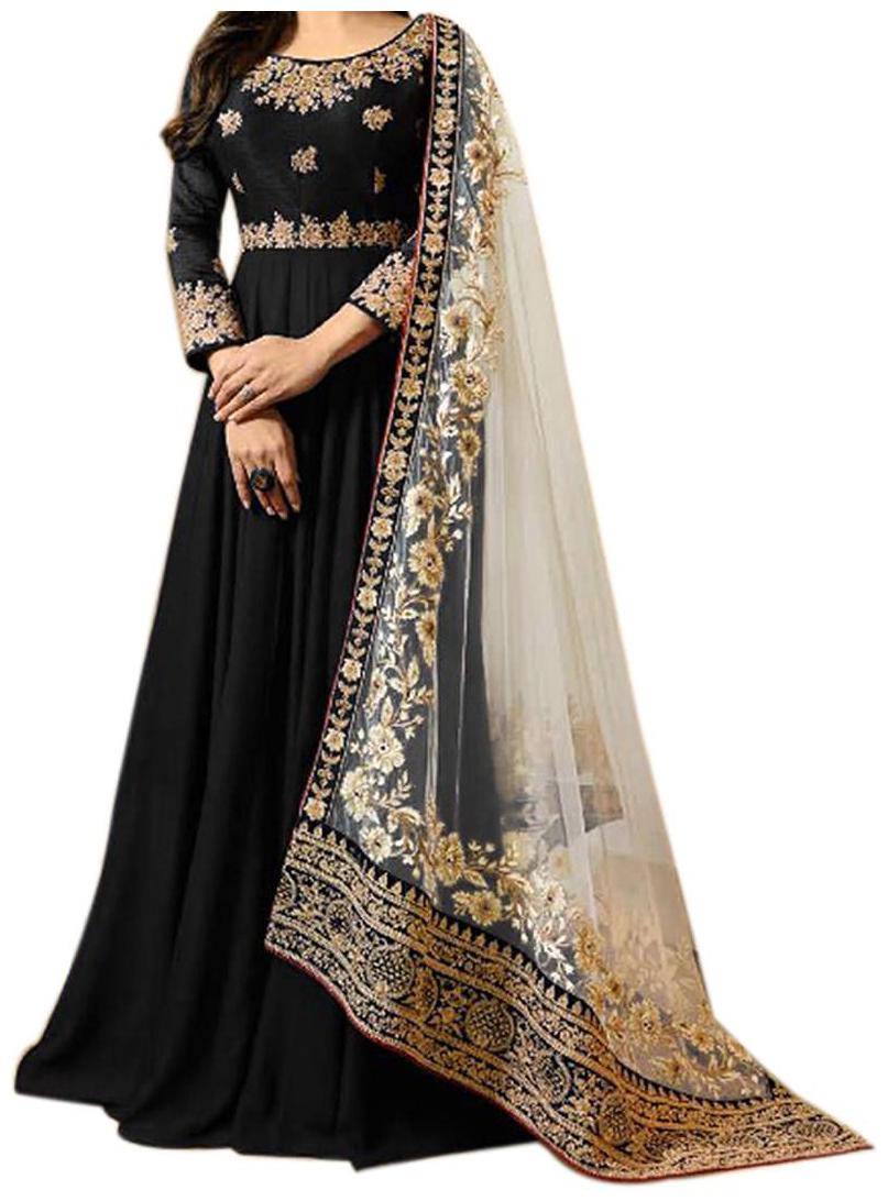 

KAPANKU Blended Embroidered Black Anarkali Kurta Bottom With Dupatta