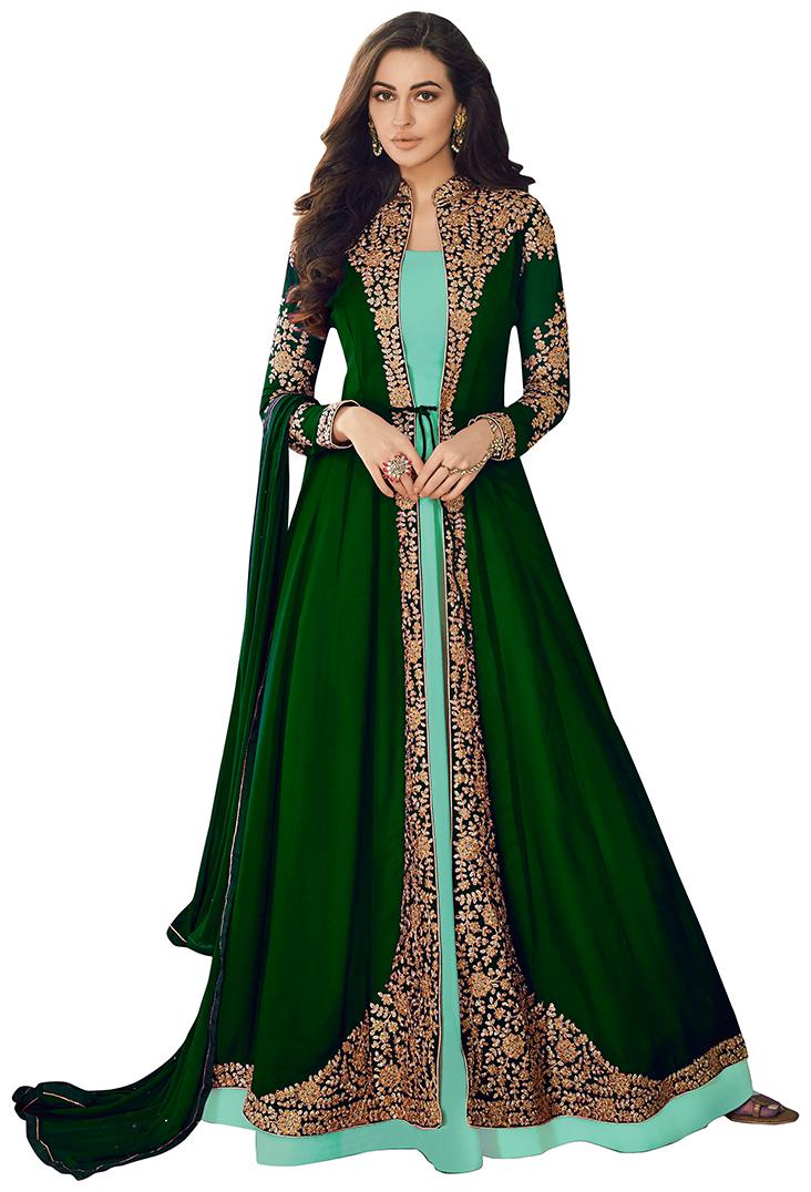 

KAPANKU Georgette Embroidered Green Anarkali Kurta Bottom With Dupatta