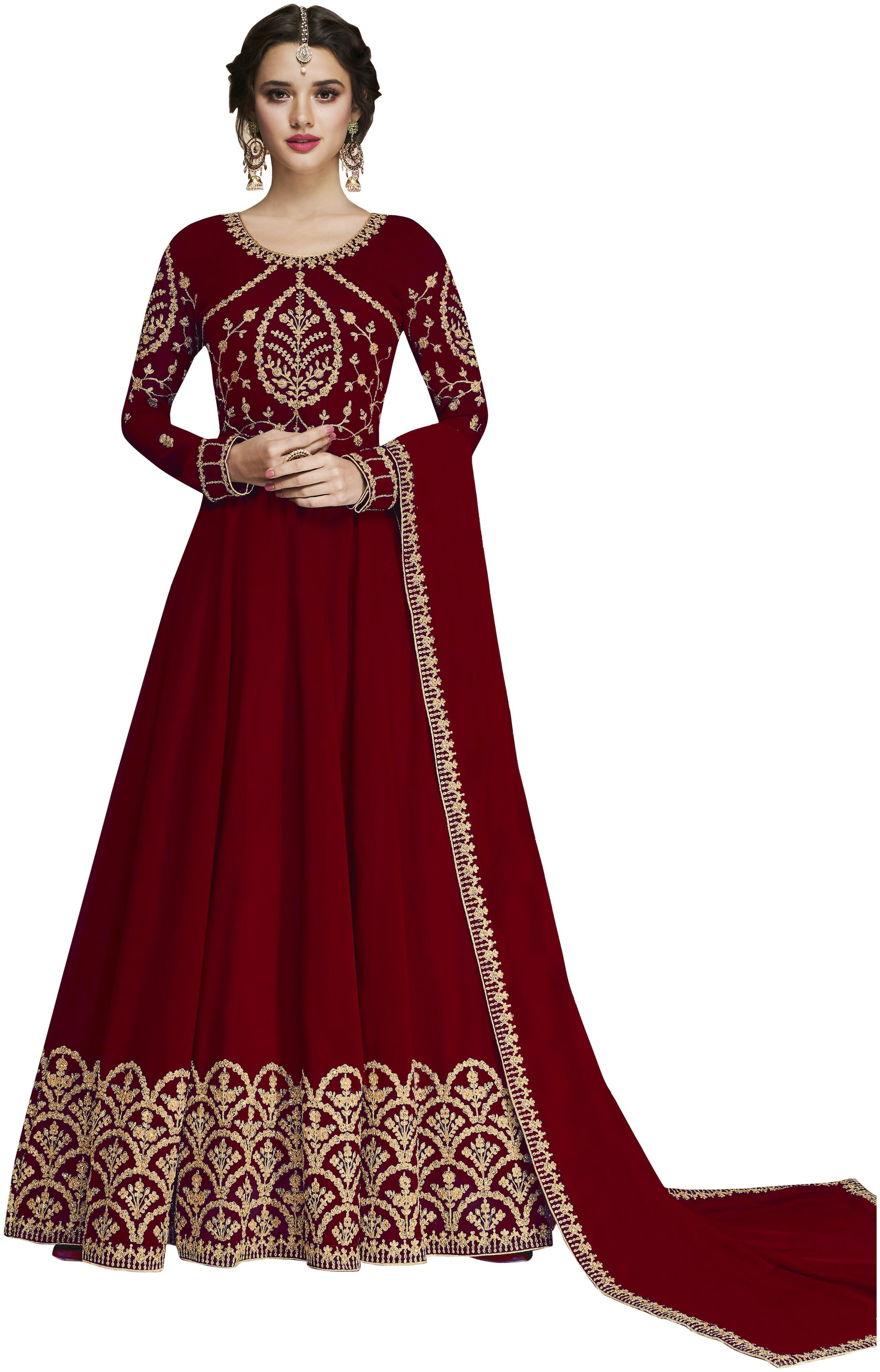 

KAPANKU Georgette Embroidered Red Anarkali Kurta Bottom With Dupatta