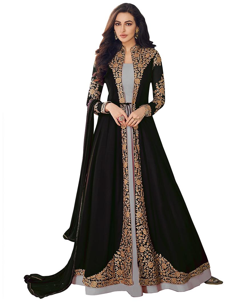 

KAPANKU Georgette Embroidered Black Anarkali Kurta Bottom With Dupatta
