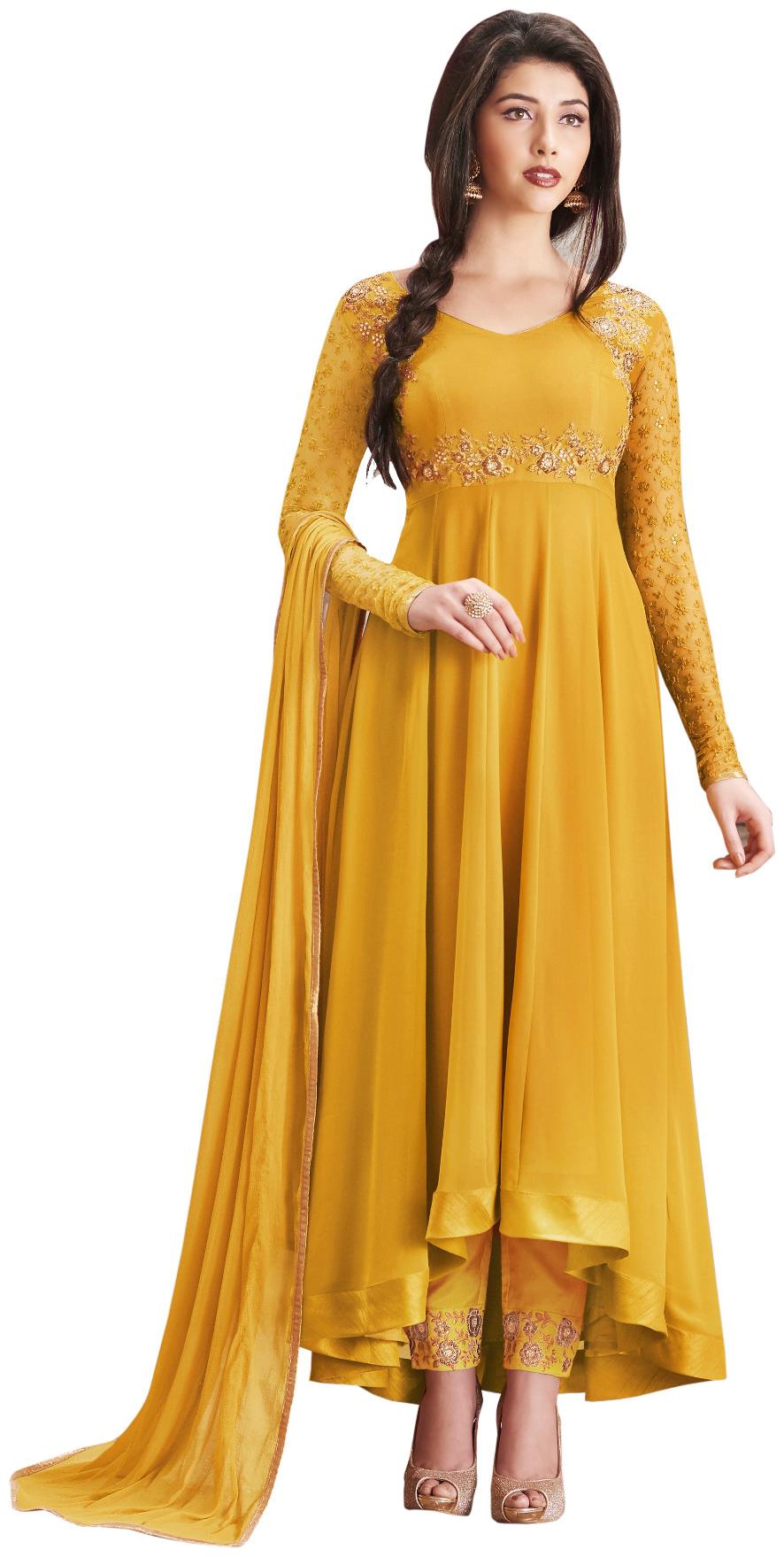

KAPANKU Georgette Embroidered Yellow Anarkali Kurta Bottom With Dupatta