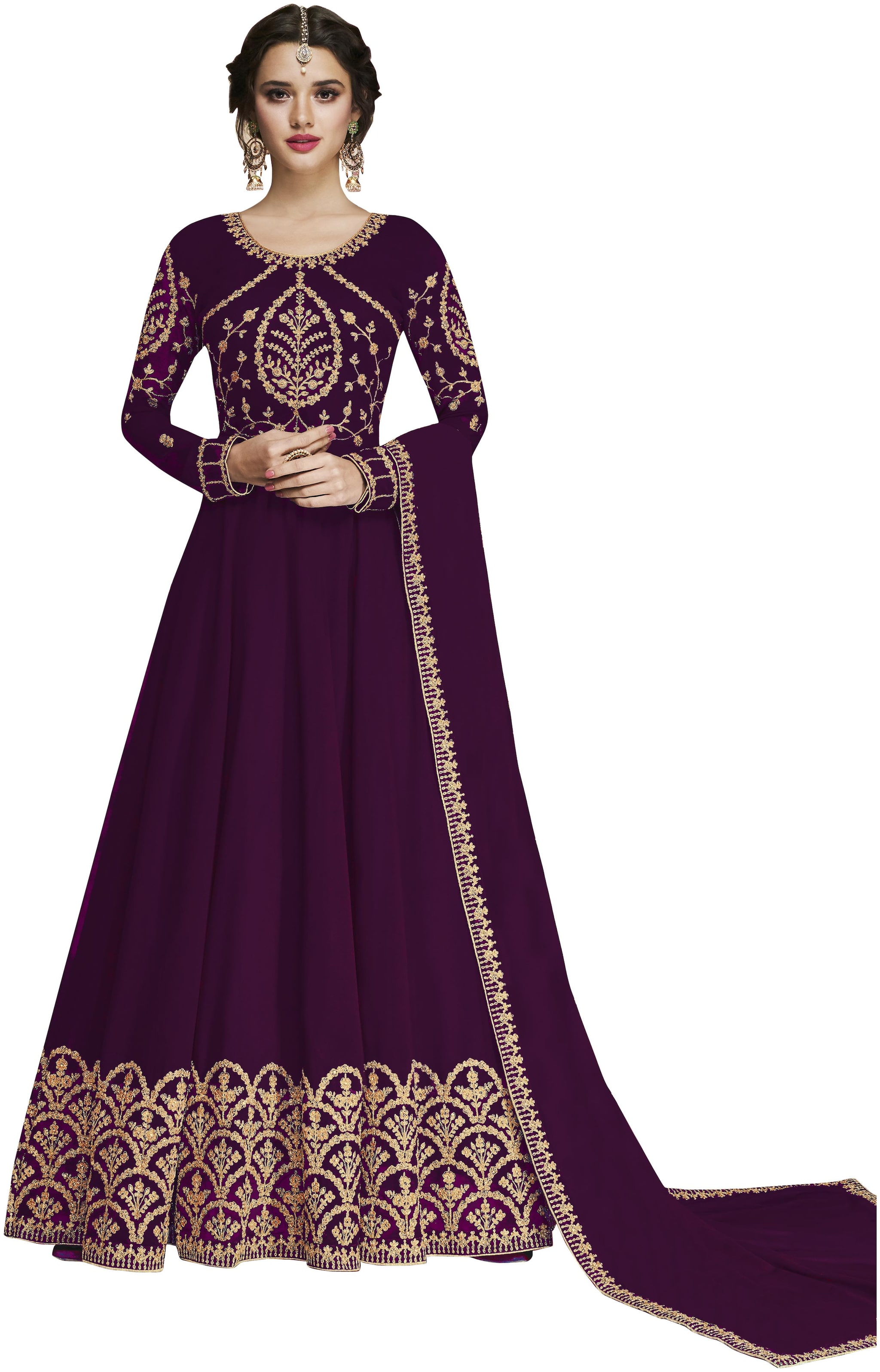 

KAPANKU Georgette Embroidered Purple Anarkali Kurta Bottom With Dupatta