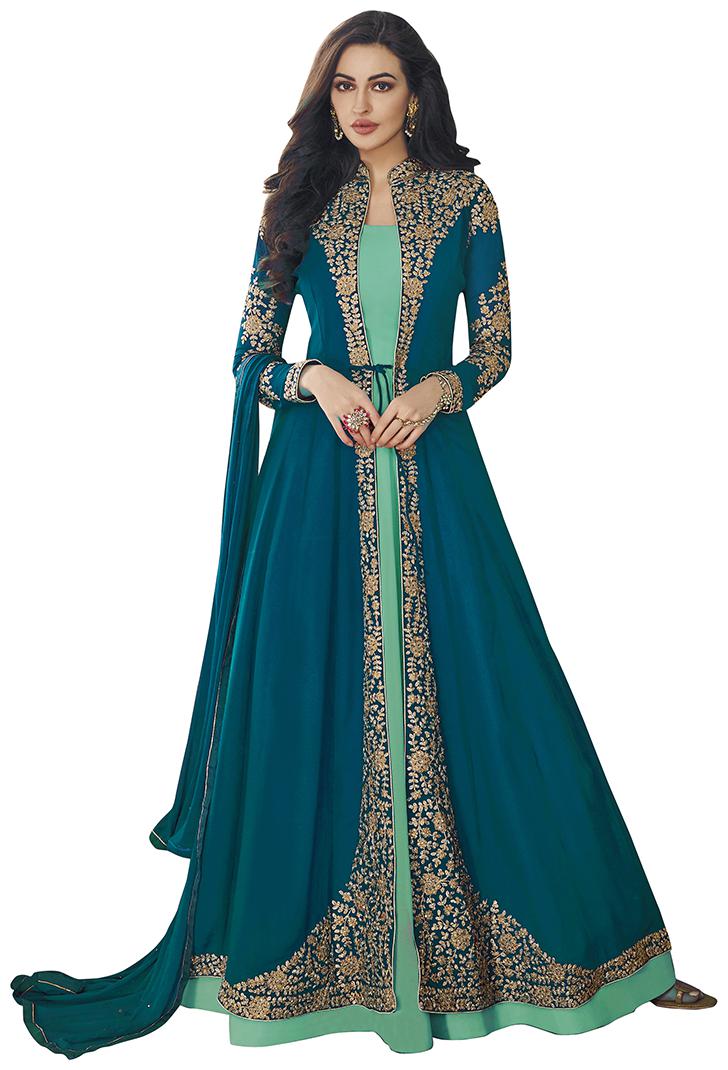 

KAPANKU Georgette Embroidered Blue Anarkali Kurta Bottom With Dupatta