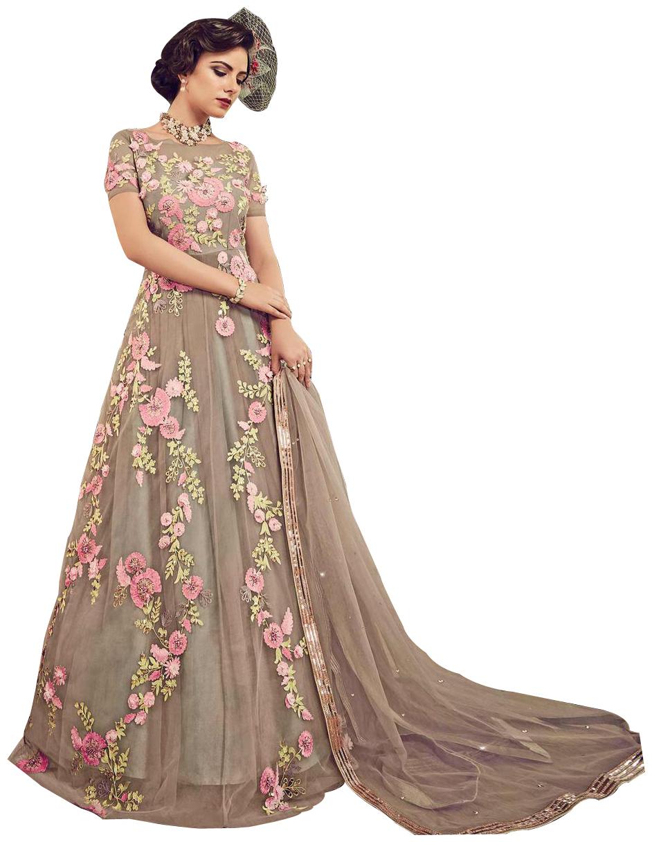 

KAPANKU Net Embroidered Beige Anarkali Kurta Bottom With Dupatta