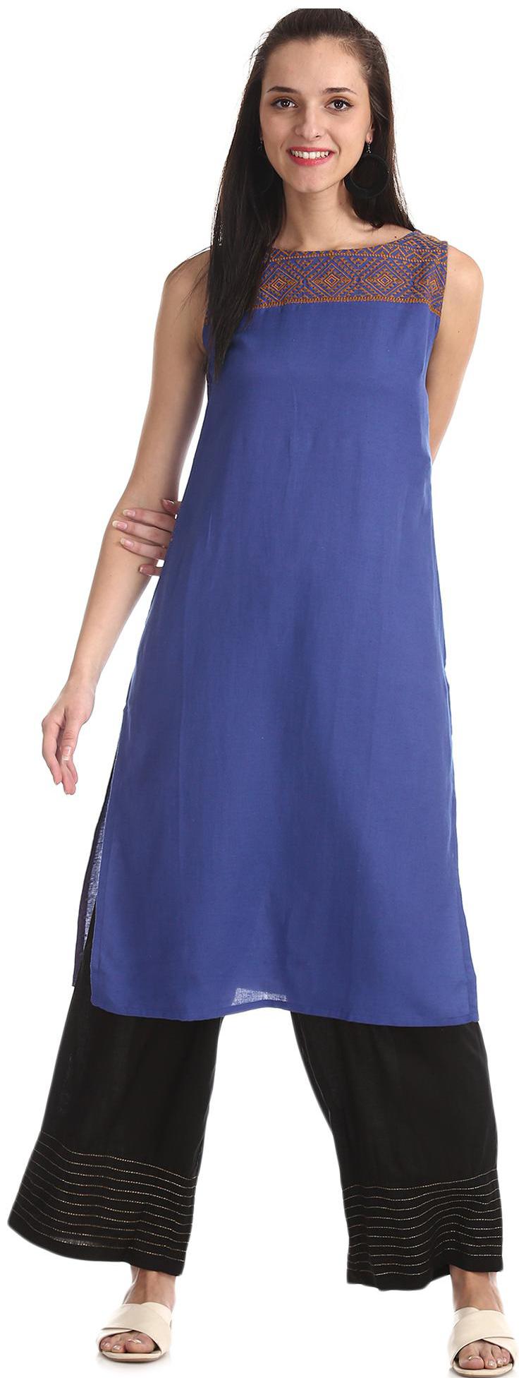 

Karigari Women Blue Embroidered Straight Kurta