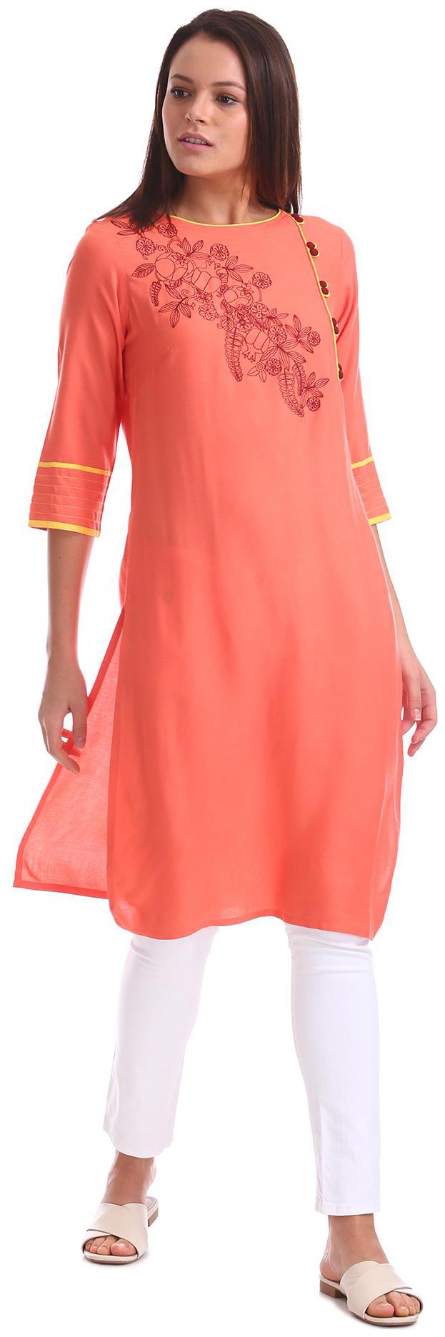 

Karigari Women Orange Embroidered Straight Kurta