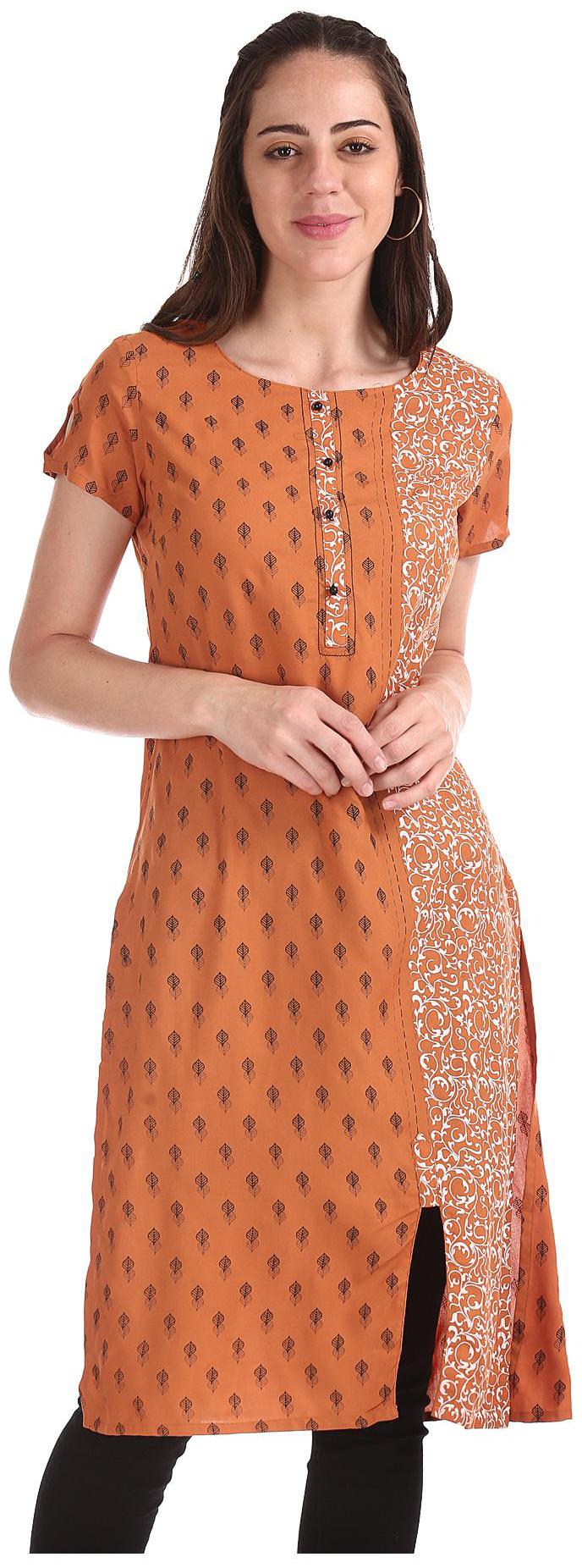 

Karigari Women Orange Printed Straight Kurta