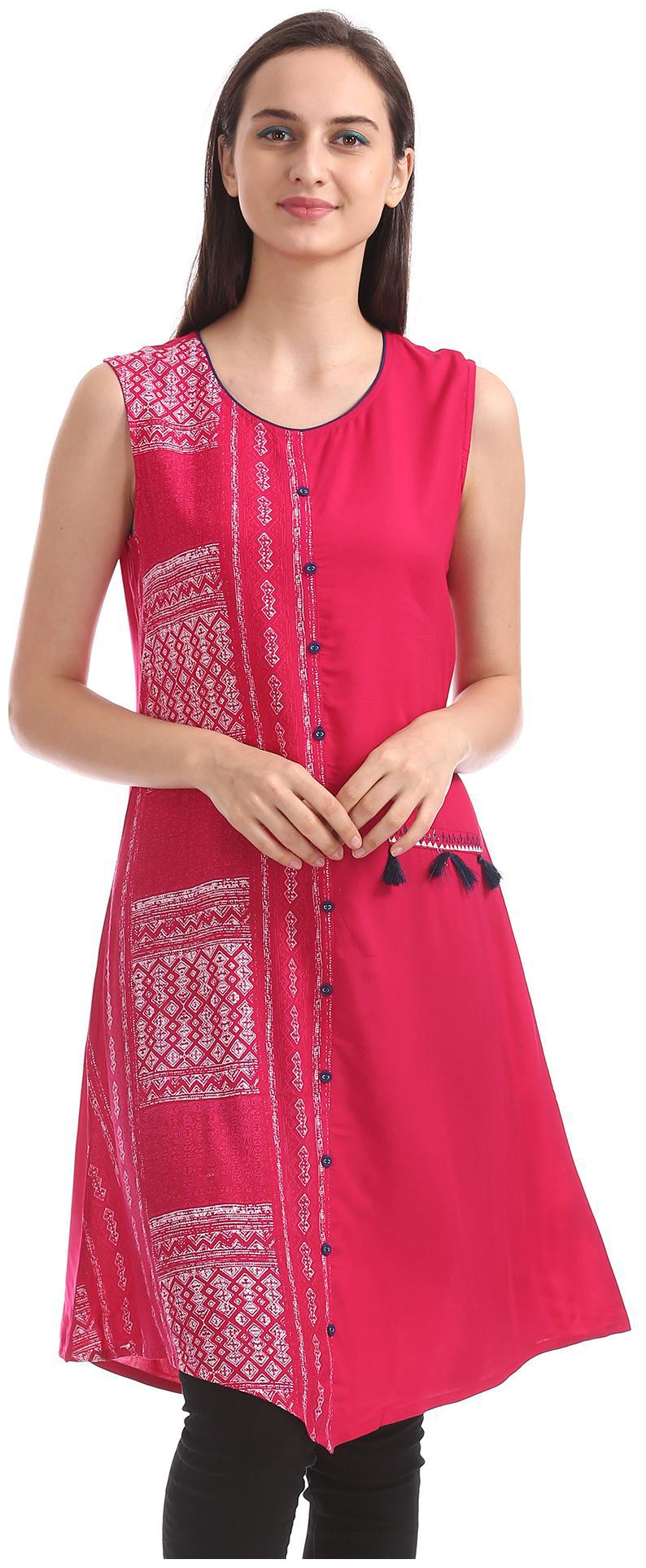 

Karigari Women Pink Printed Assymetrical Kurta