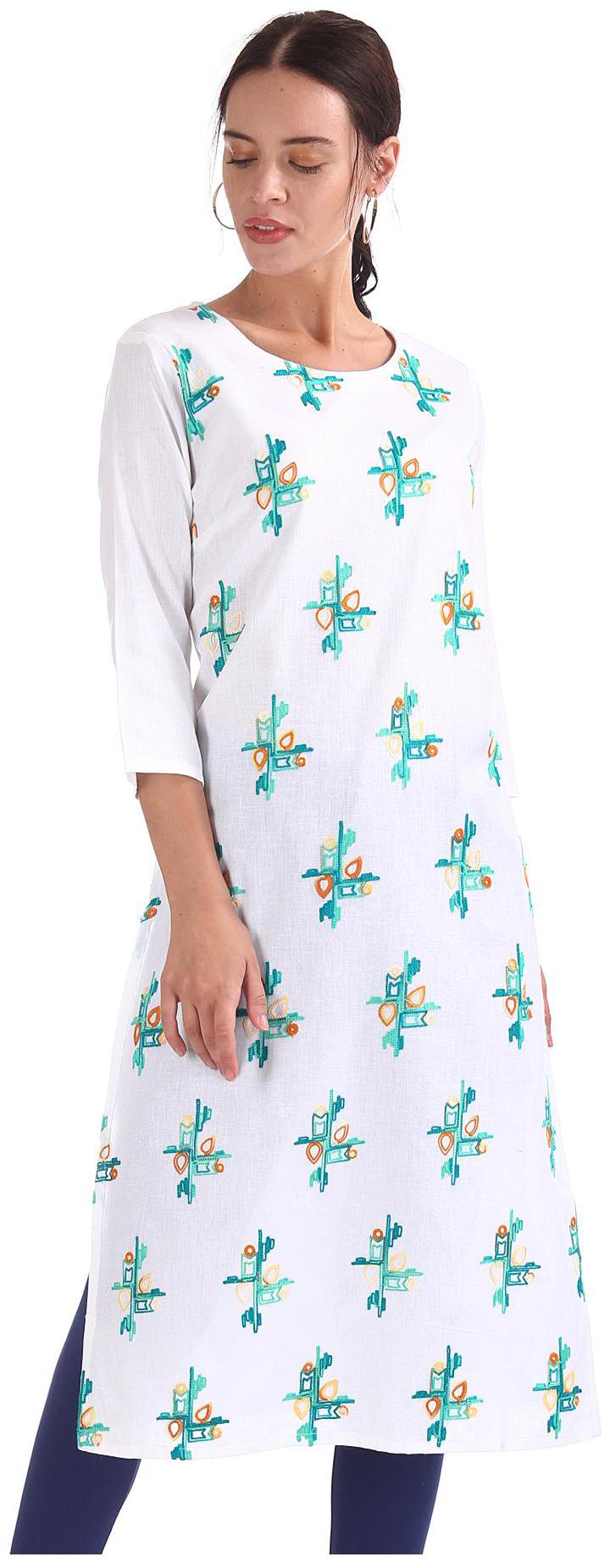 

Karigari Women White Embroidered Straight Kurta
