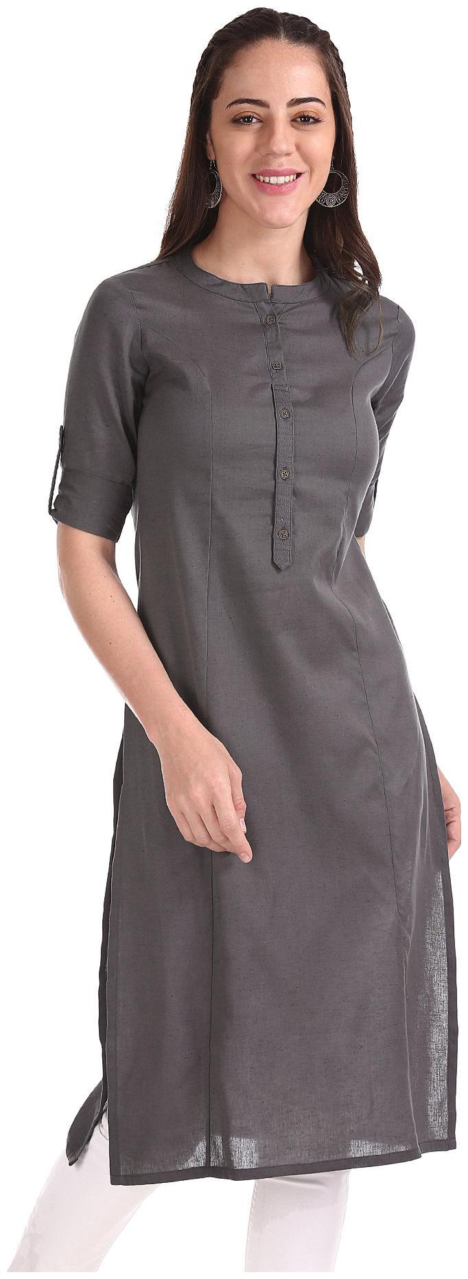 

Karigari Women Grey Solid Straight Kurta
