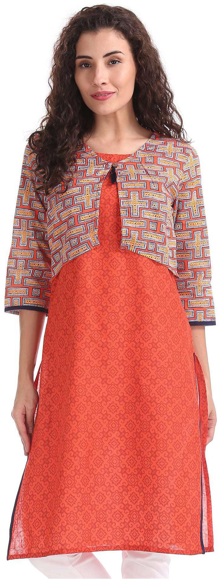

Karigari Women Orange Printed Straight Kurta