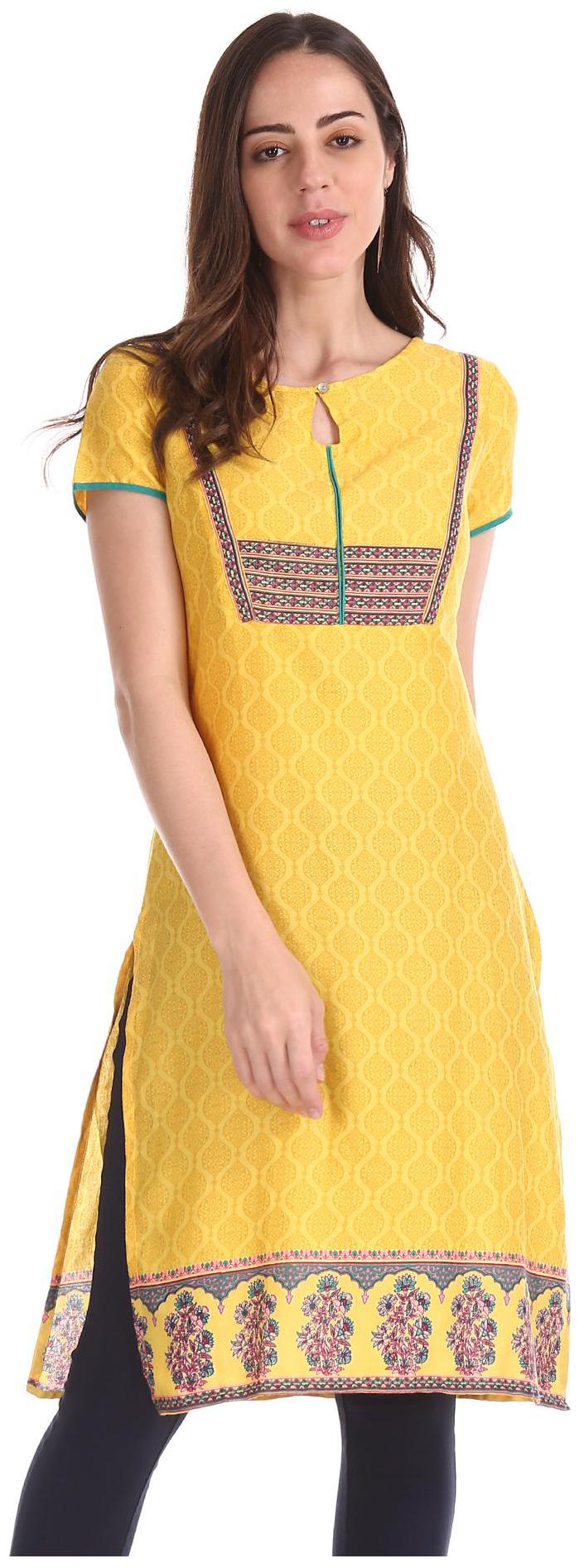 

Karigari Women Yellow Printed Straight Kurta