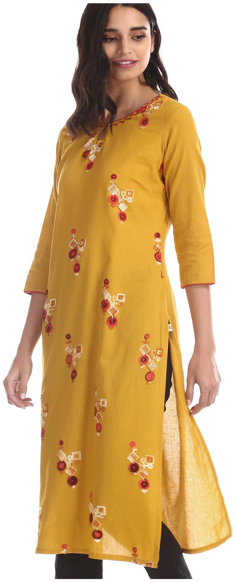 

Karigari Women Yellow Embroidered Straight Kurta