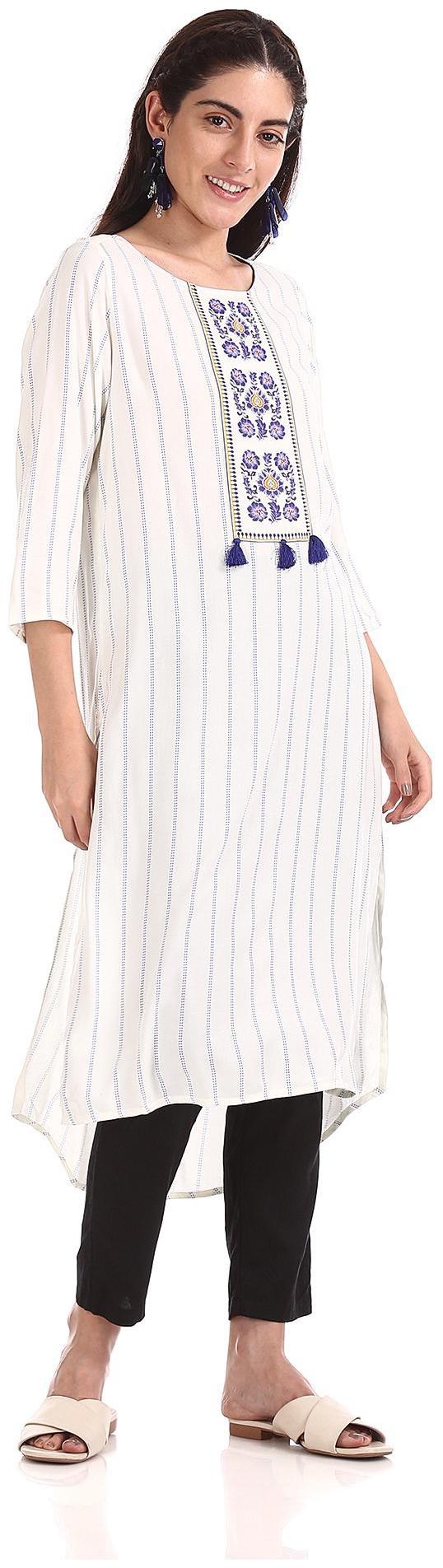 

Karigari Women White Striped Straight Kurta