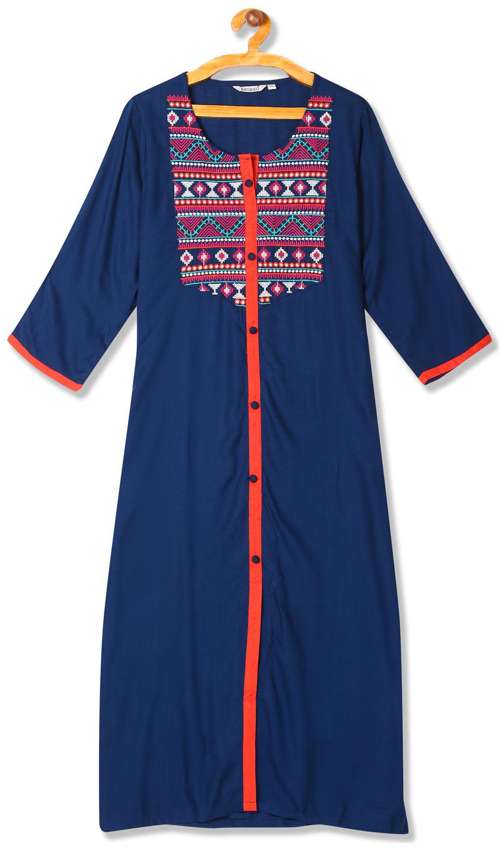 

Karigari Women Blue Embroidered Straight Kurta
