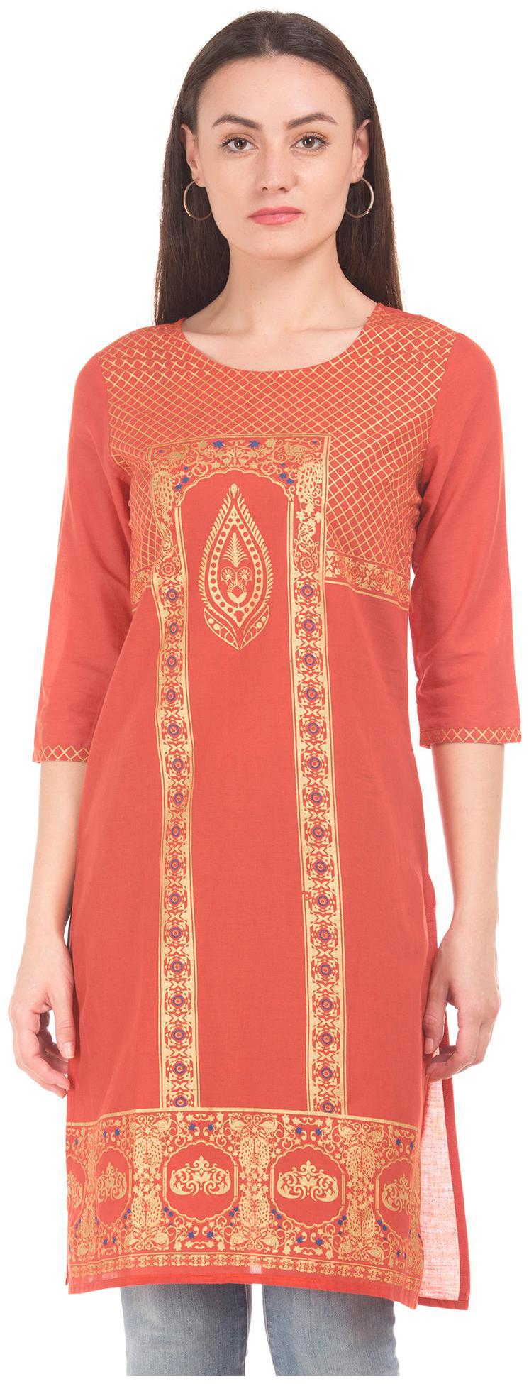 

Karigari Women Orange Printed Straight Kurta