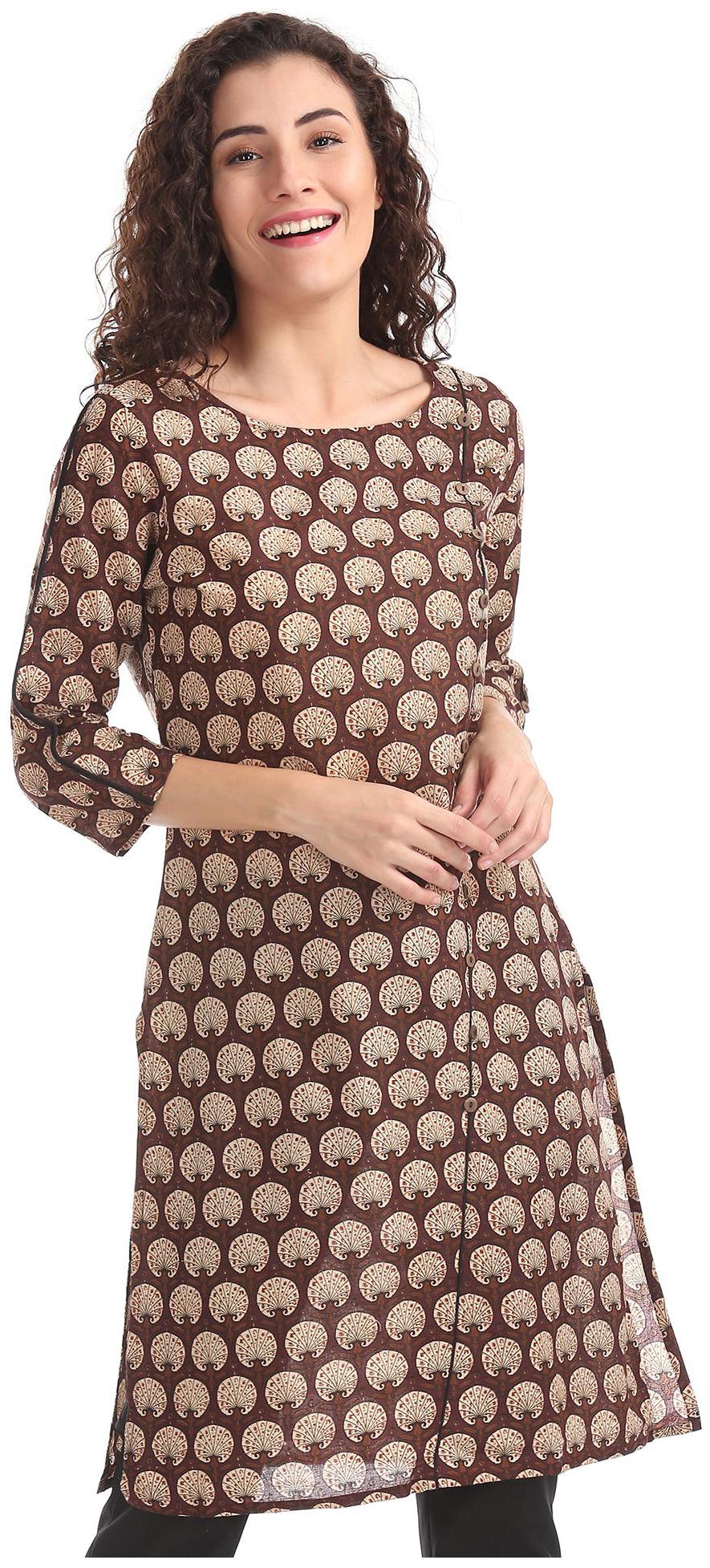 

Karigari Women Brown Printed Assymetrical Kurta