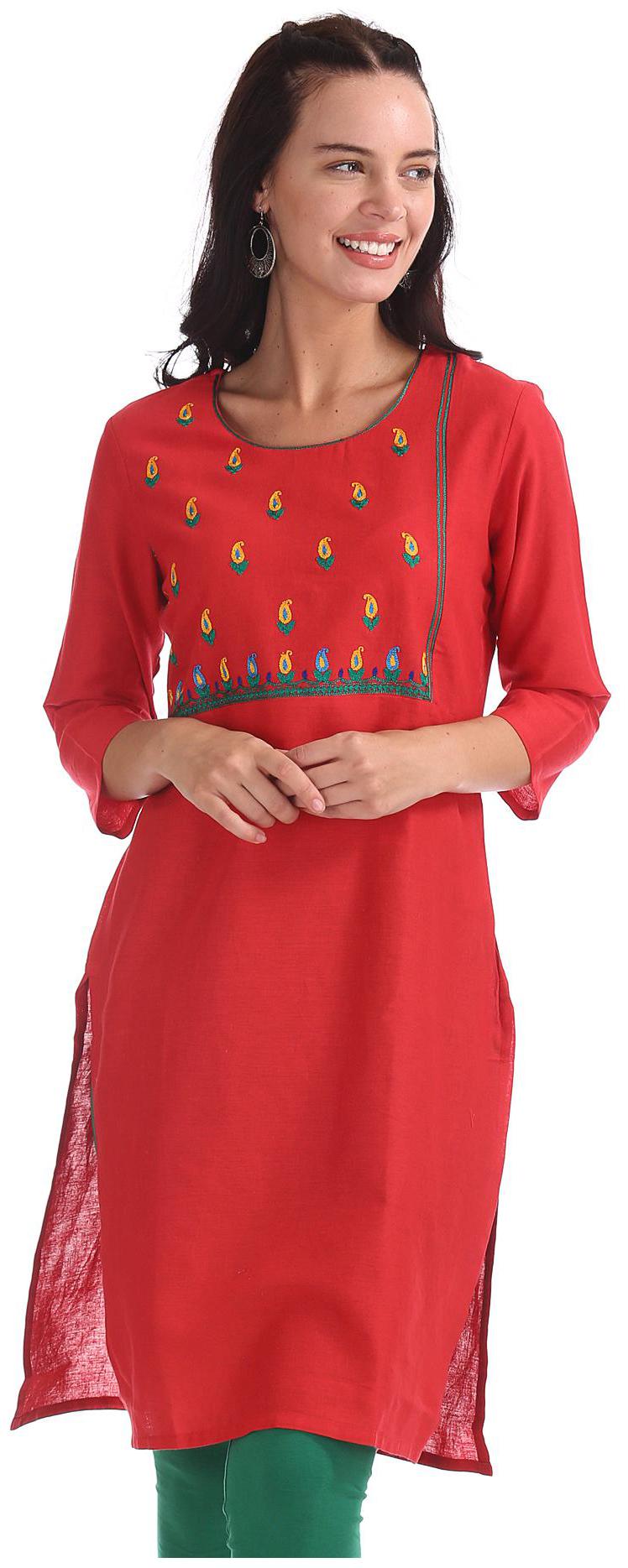 

Karigari Women Red Embroidered Straight Kurta