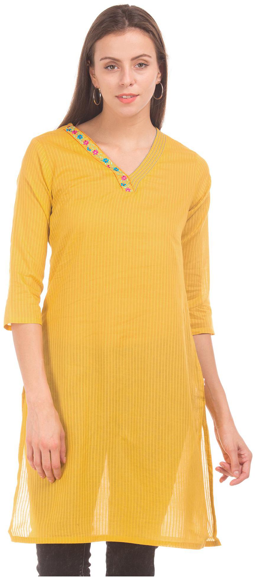 

Karigari Women Yellow Striped Straight Kurta