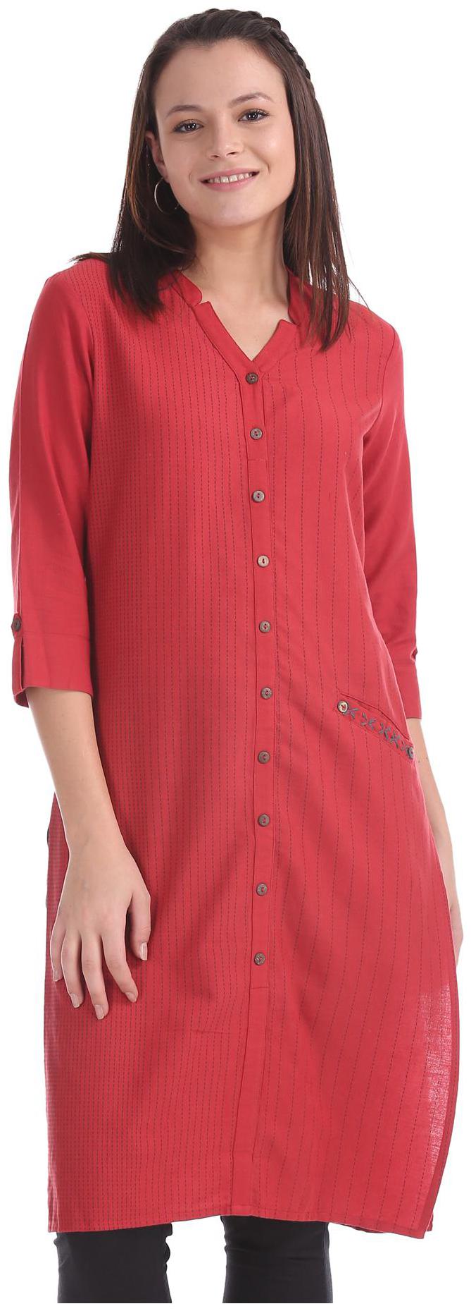 

Karigari Women Red Striped Straight Kurta