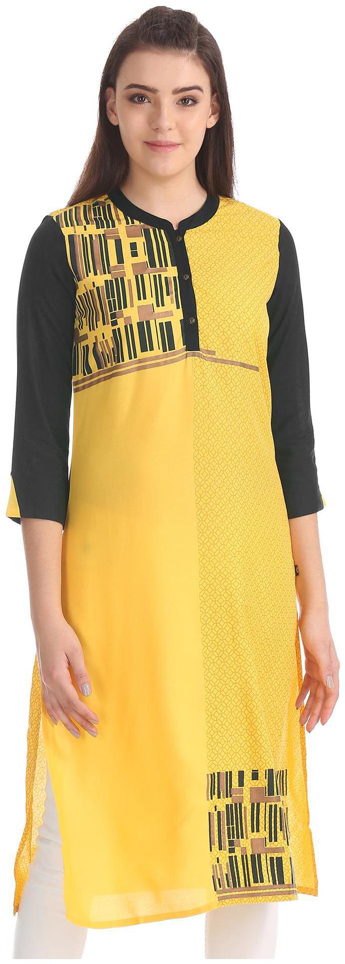 

Karigari Women Yellow Printed Straight Kurta