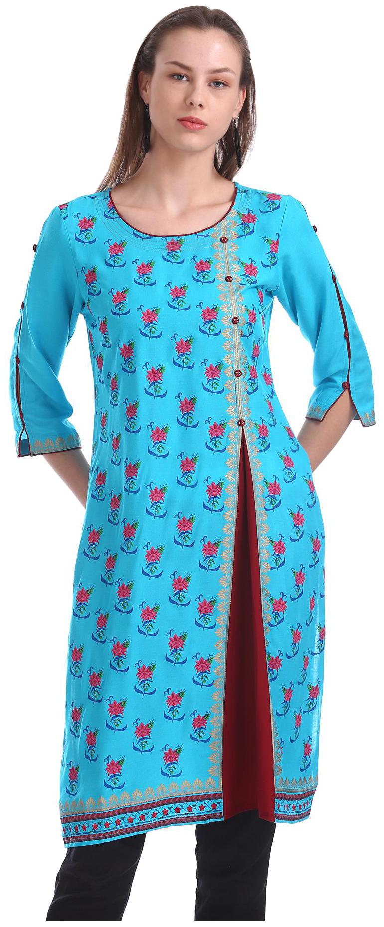 

Karigari Women Blue Printed Assymetrical Kurta