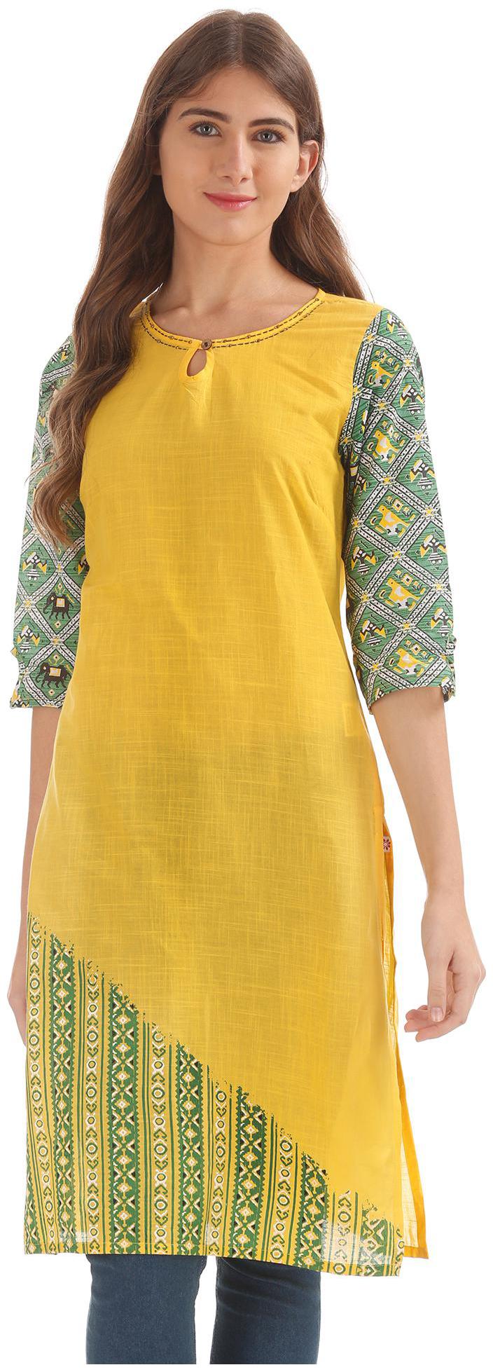 

Karigari Women Yellow Printed Straight Kurta