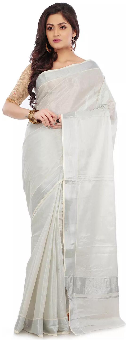 

R SELVAMANI TEX RST Silver Solid Kerala Kasavu Regular Saree With blouse
