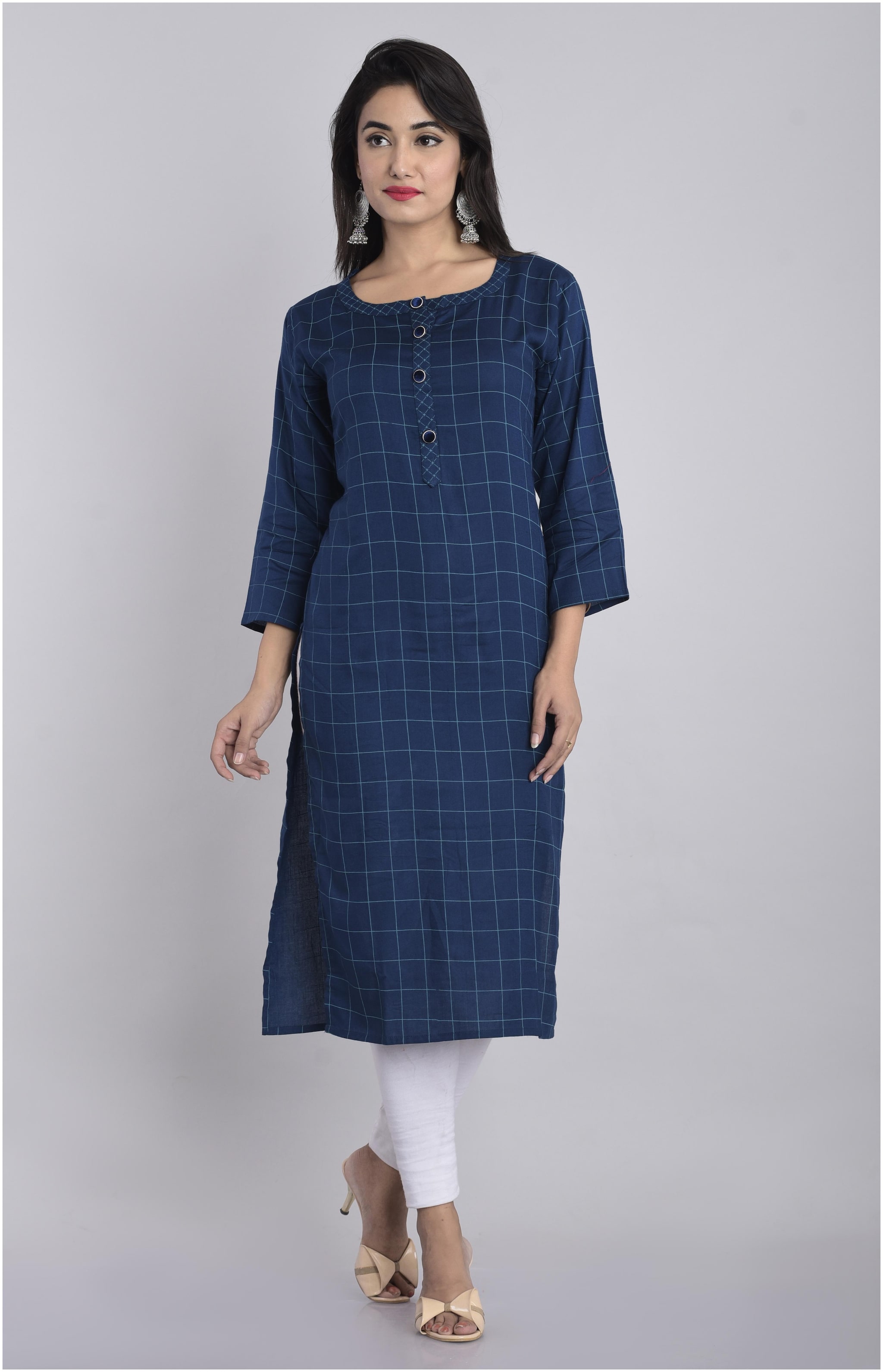

KASHISHIYA Women Blue Checkered Straight Kurti