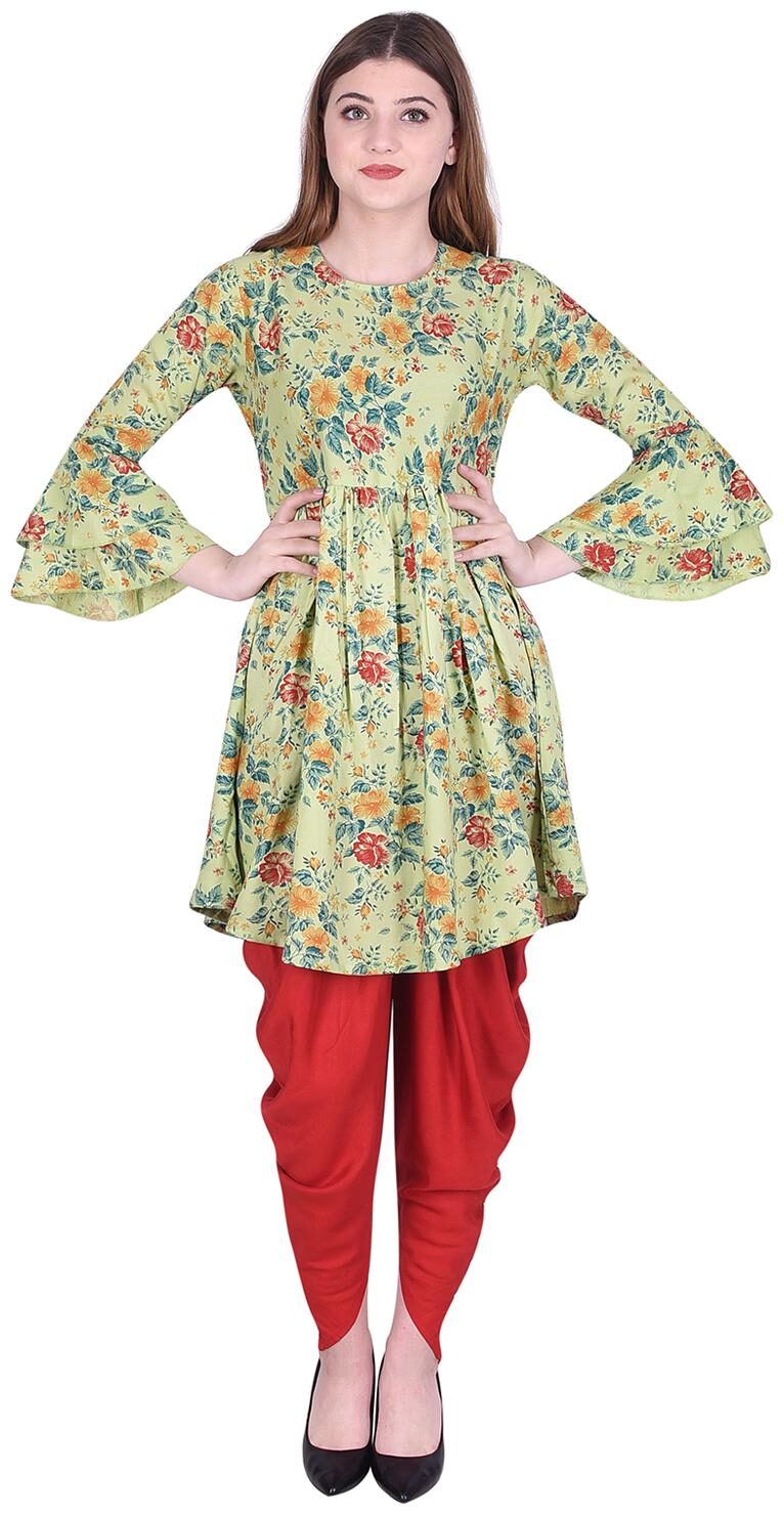 

KASHISHIYA Women Green Floral Flared Kurta With Dhoti Pants