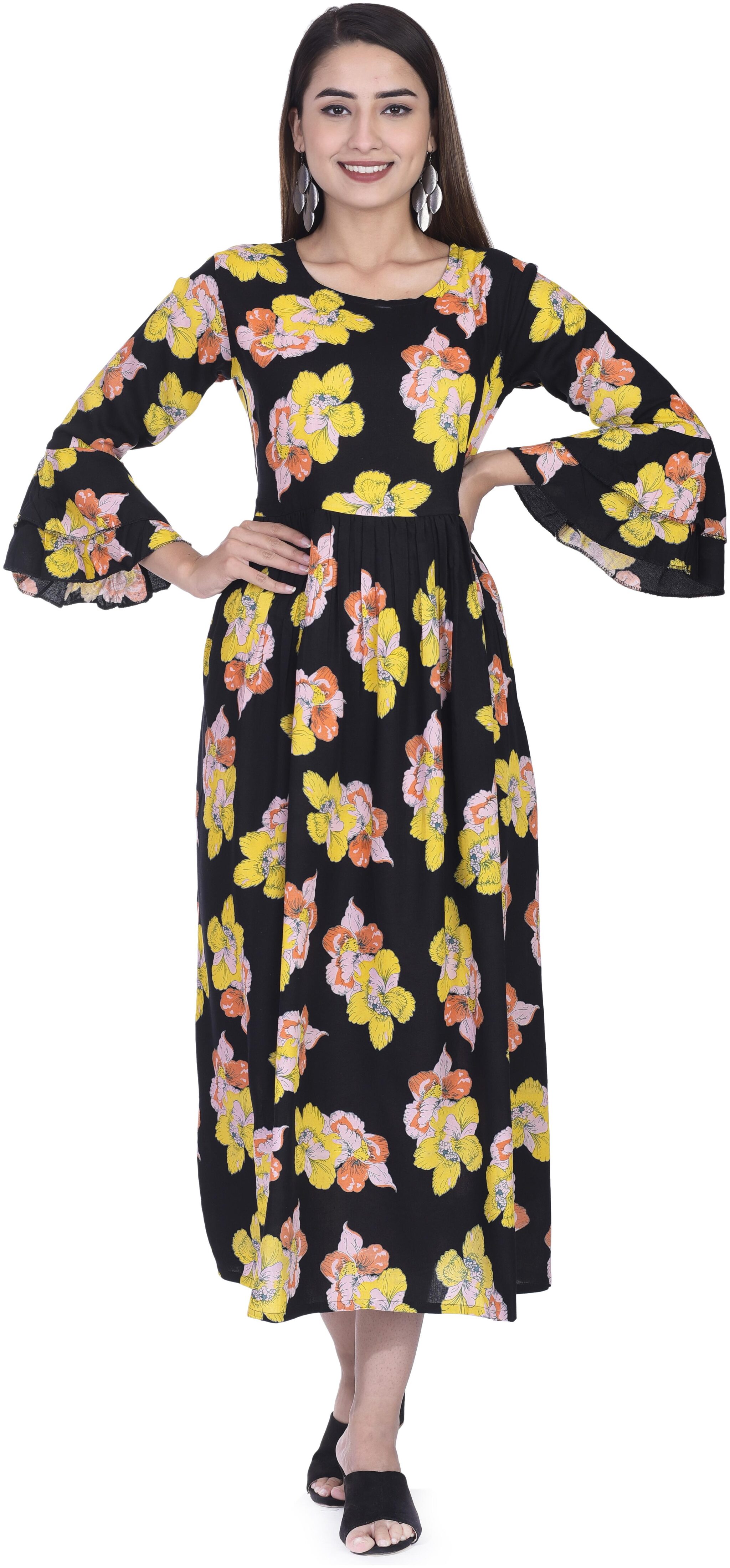 

KASHISHIYA Women Viscose Rayon Floral Fusion Dresses Black