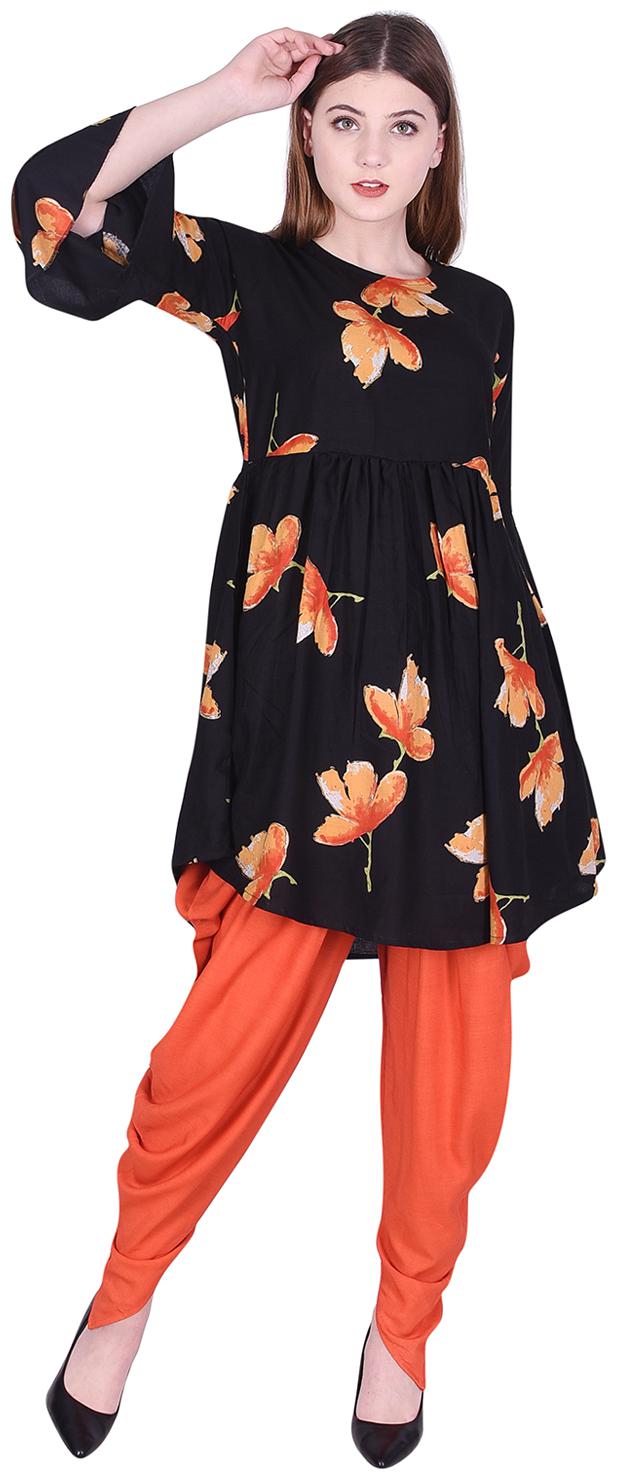 

KASHISHIYA Women Black Orange Floral Flared Kurta With Dhoti Pants