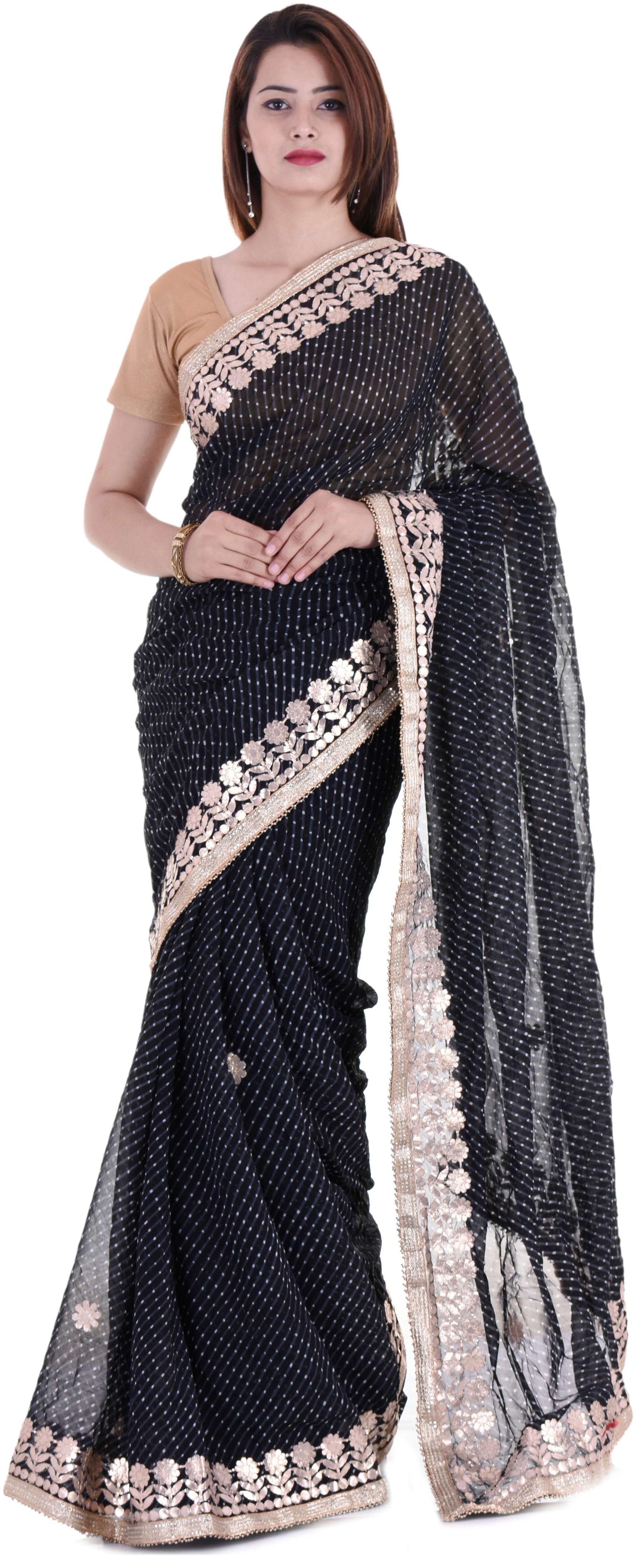 

Kastiel Black Lehariya Georgette Saree With Gotta Patti Work And Border Lace