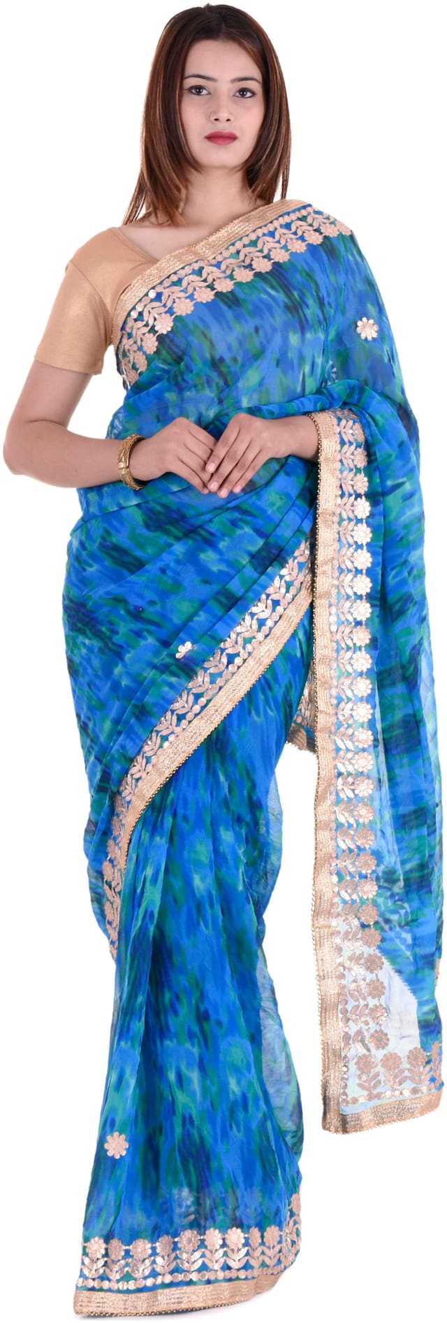 Kastiel Blue Bateek Geogette Saree With Gotta Patti Work And Border Lace
