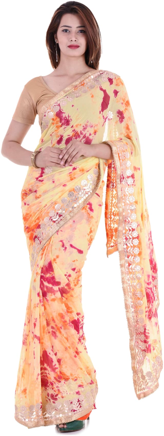 Kastiel Cream Triple Royal Chiffon Saree With Gotta Patti Work And Border Lace